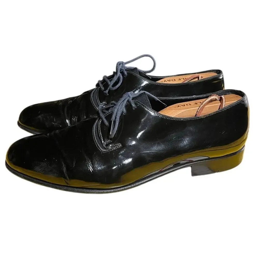 Bally Switzerland Bice Black Patent Leather Tuxedo Dress Shoes Mens Size 8 M VTG